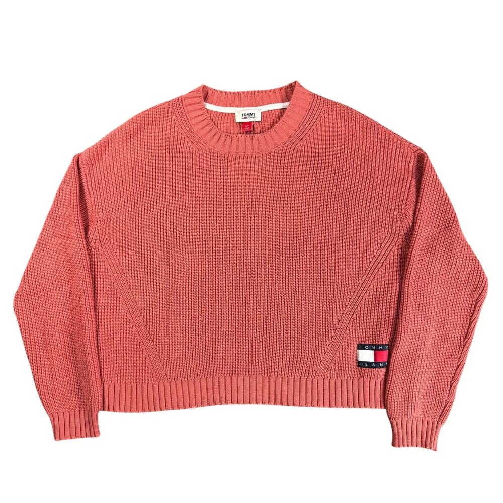 Tommy Jeans Womens S Cropped Sweater Peach Boxy Relaxed Flag Logo Cotton Knit